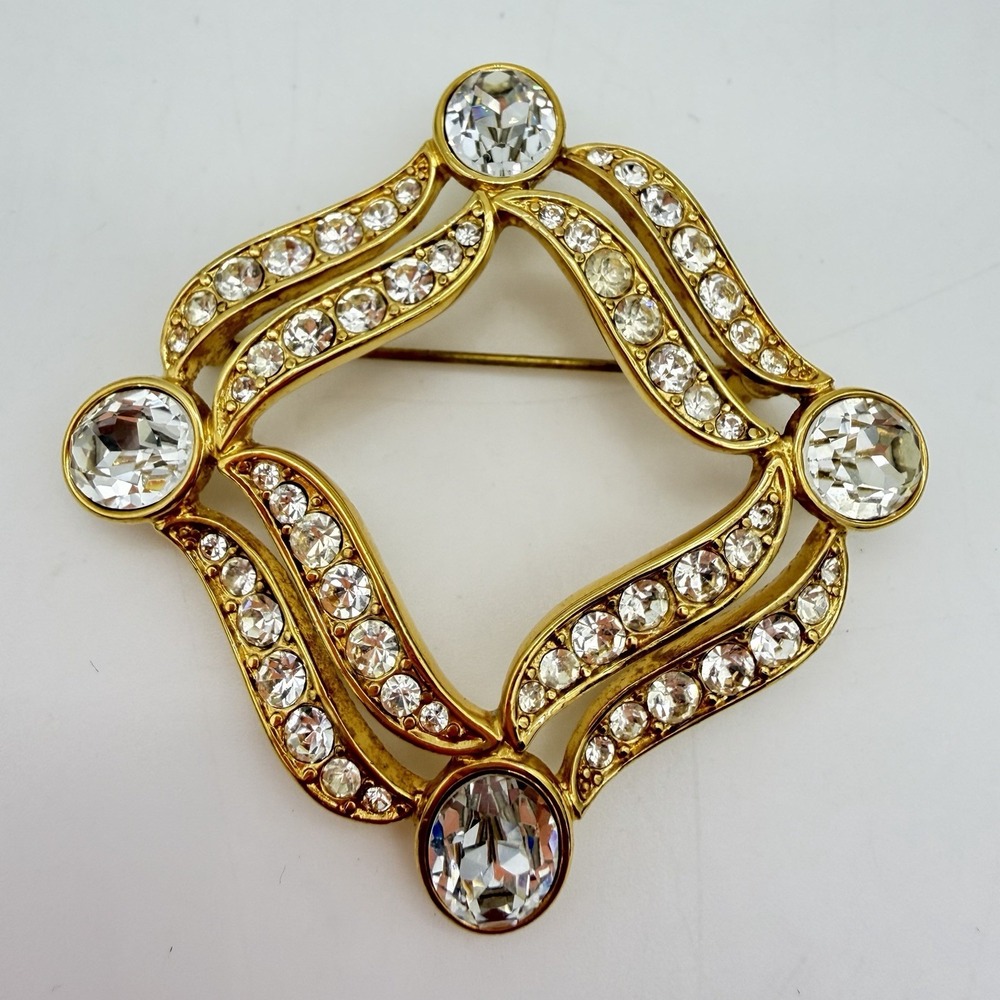 Vintage Monet Rhinestone Brooch Pin Gold Tone Statement Art Nouveau Style